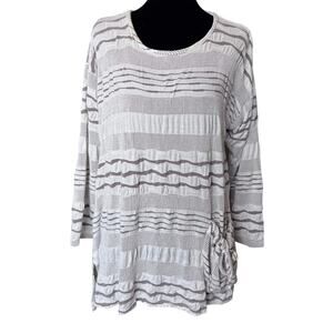 Yushi Artsy Lagenlook Crinkle Tunic Top XL Striped Boho Granola White Tan XL